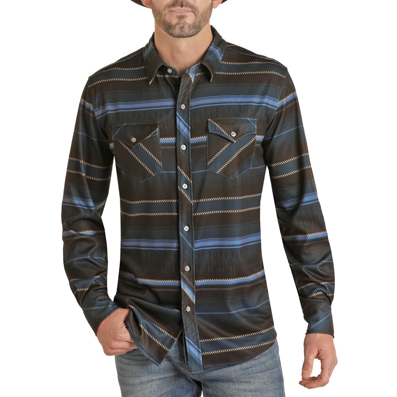 Rock & Roll Men's LS BD Knit Print Shirt Indigo