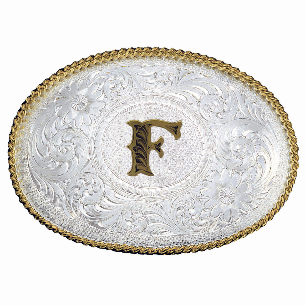 Montana Silversmiths Initial F Silver Engraved Gold Trim Western Belt Buckle