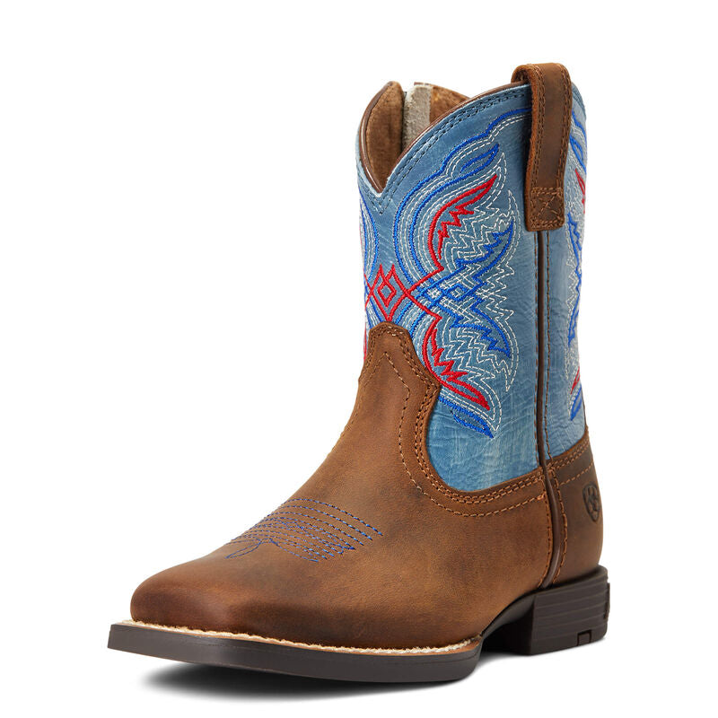 Ariat Youth Double Kicker Western Boots - Distressed Brown/Stone Blue