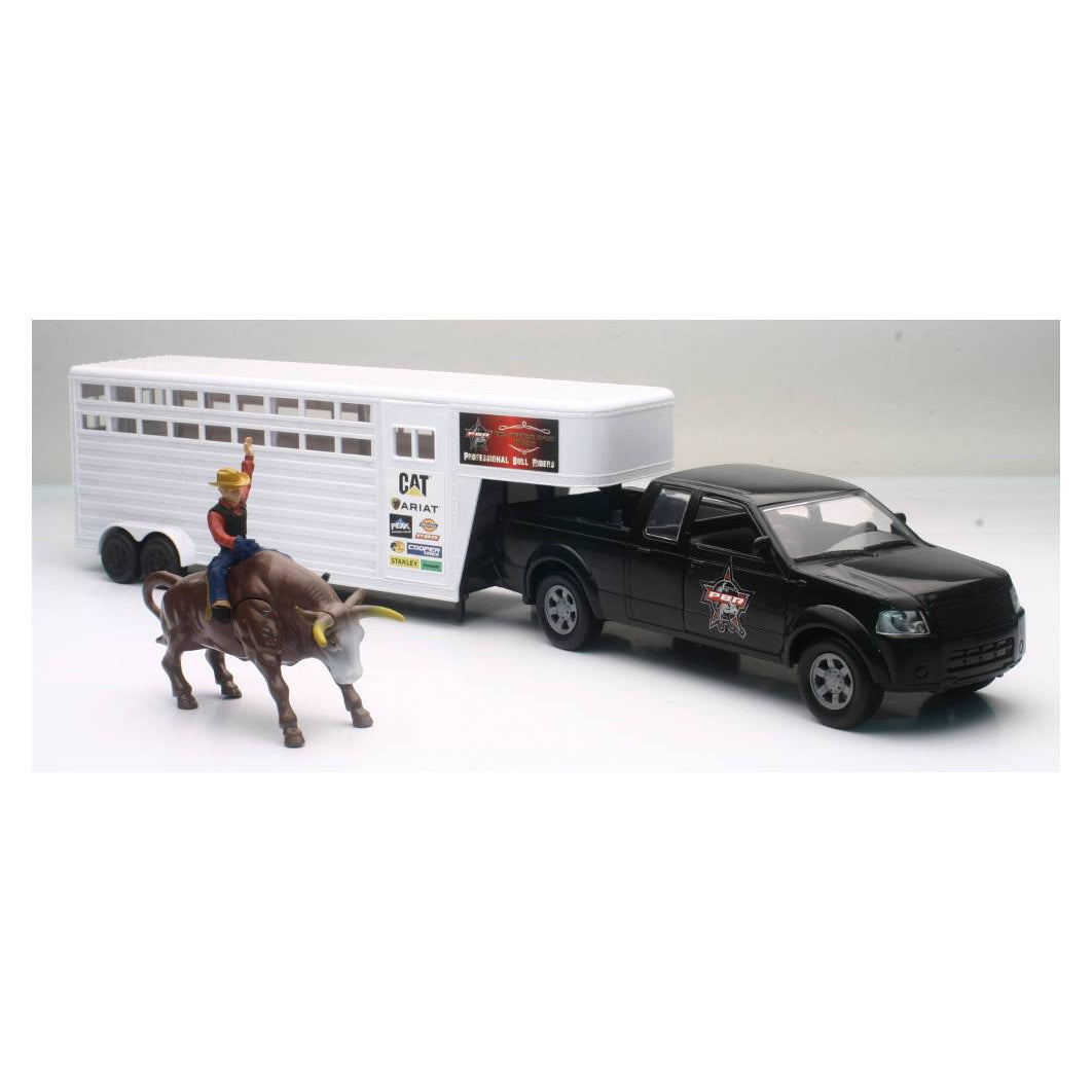 New-Ray Toys PBR Bull Pick up & Cattle Trailer w/Bull & Rider