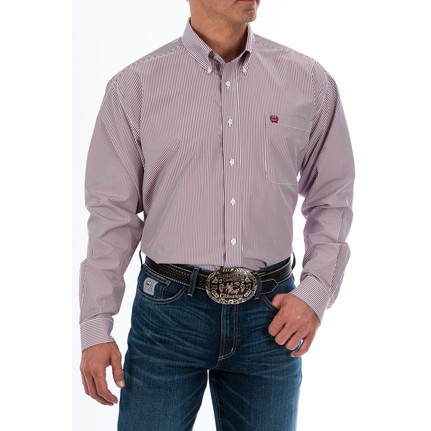 Cinch Men's Long Sleeve Shirt - Burgundy Stripe
