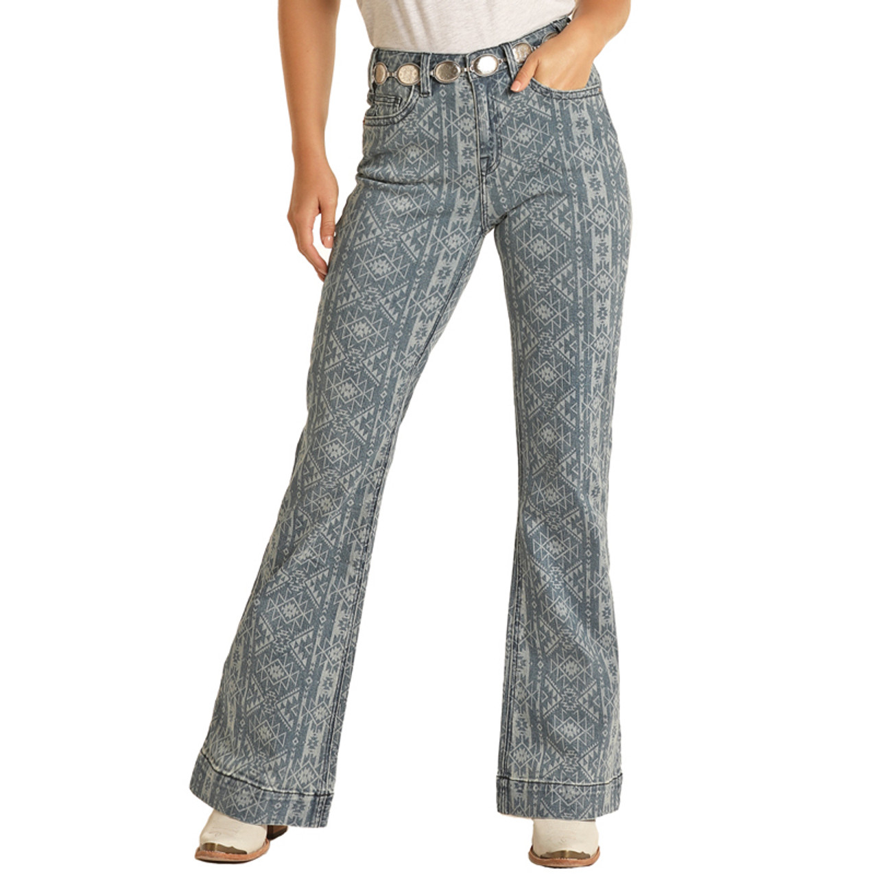 Hooey Women's Aztec Print High Rise Trouser Jeans - Medium Vintage Wash *FINAL SALE*