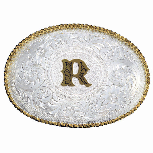 Montana Silversmiths Initial R Silver Engraved Gold Trim Western Belt Buckle