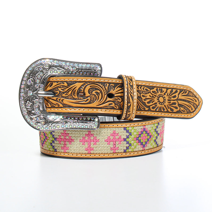 Angel Ranch Girl's Tooled Floral Cross Belt - Natural