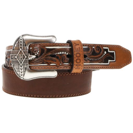 Hooey Brown Distressed Belt w/Aztec Filigree Embossed Natural Billets and Ivory Accents