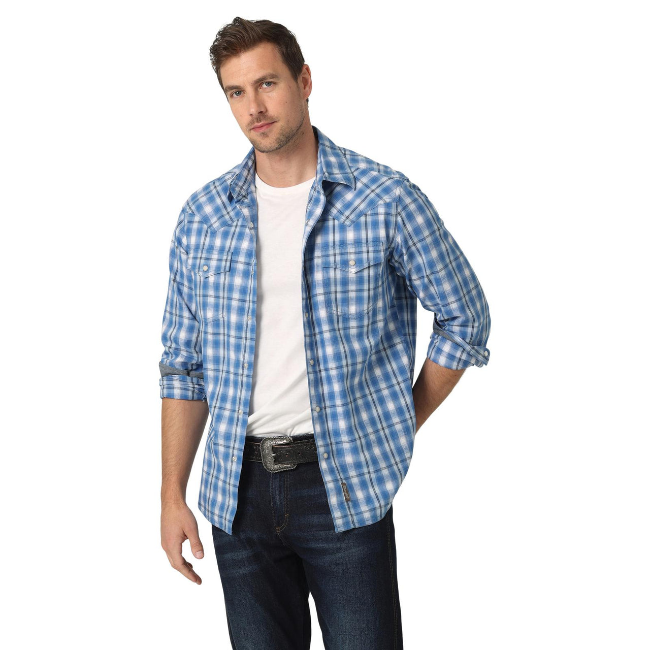 Wrangler Mens Retro Premium Long Sleeve Snap Shirt - Blue