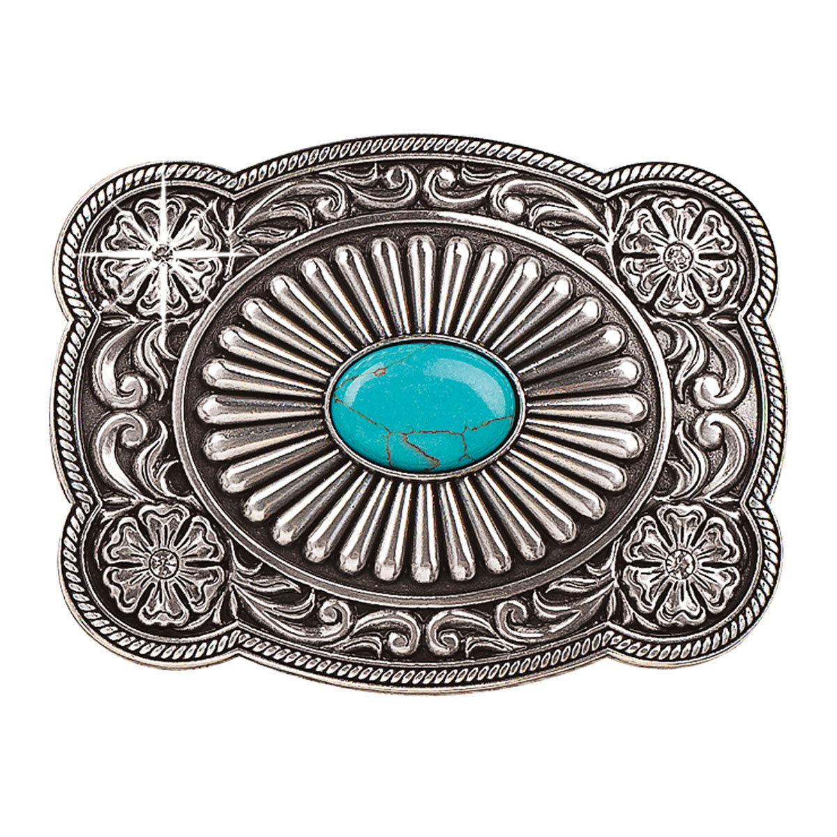 Blazin Roxx Women's Rectangle Scalloped Turquoise Stone Buckle - Silver