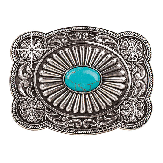 Blazin Roxx Women's Rectangle Scalloped Turquoise Stone Buckle - Silver
