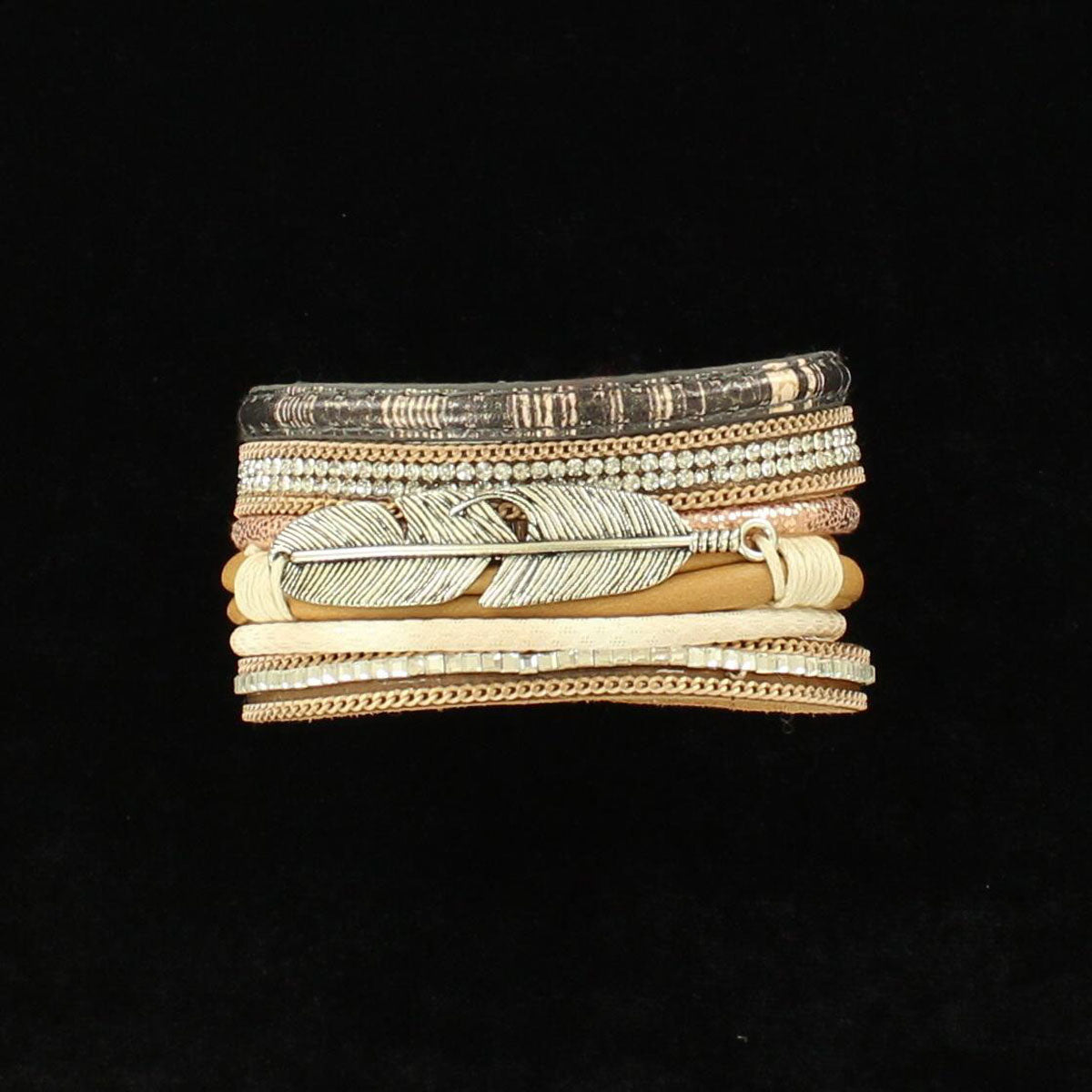 Blazin Roxx Multi-Strand Leather Bracelet w/Crystals & Silver Feather