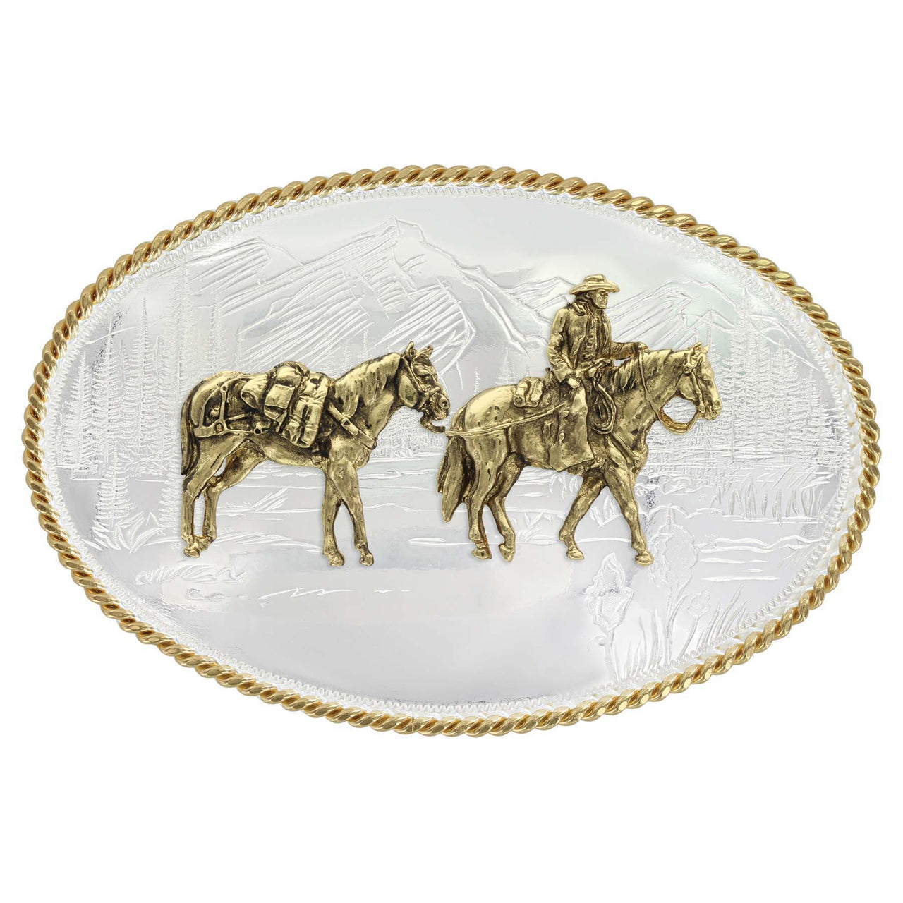 Montana Silversmiths Etched Mountains Western Belt Buckle with Pack Horse and Rider