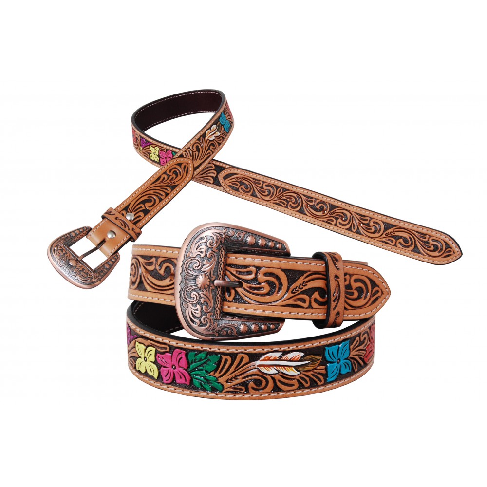 Flower Tooling Black Colour Background Paint Multi Colour w/Copper Buckler