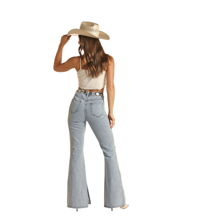Rock & Roll Hem Slit High Rise Flare Jeans - Light Wash