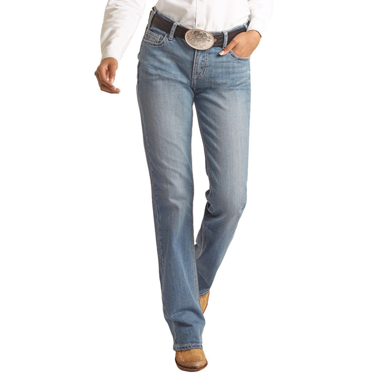 **Rock & Roll Mid Rise Stretch Light Wash Bootcut Riding Jeans