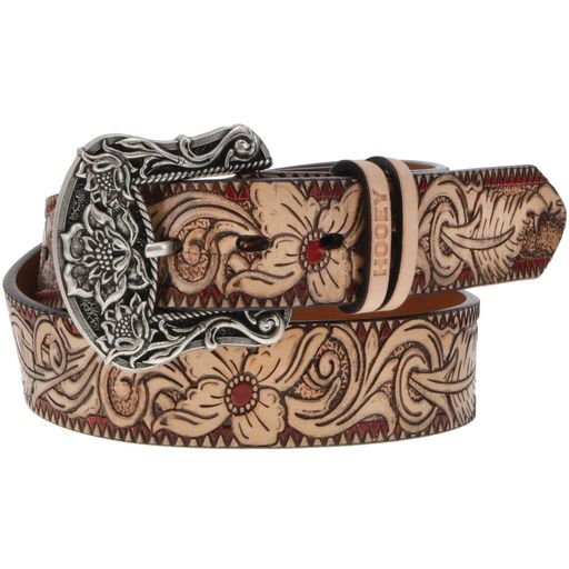 Natural Feather & Floral Filigree Embossed Hooey Belt w/Red Accents & Floral Tongue Buckle