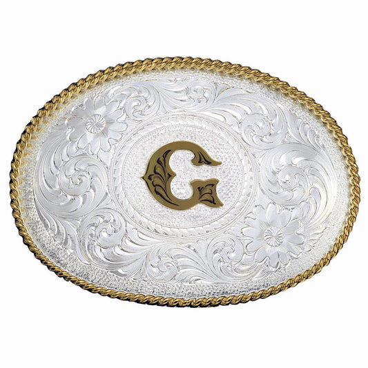 Montana Silversmiths Initial G Silver Engraved Gold Trim Western Belt Buckle